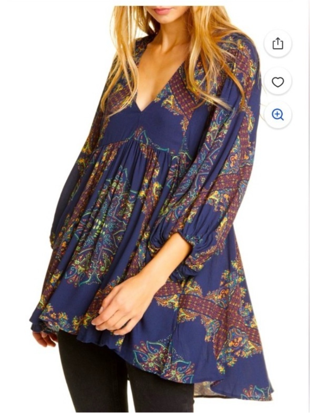 Free People Girl Talk 
Boho V-Neck Peasant Tunic Top - Navy Floral
